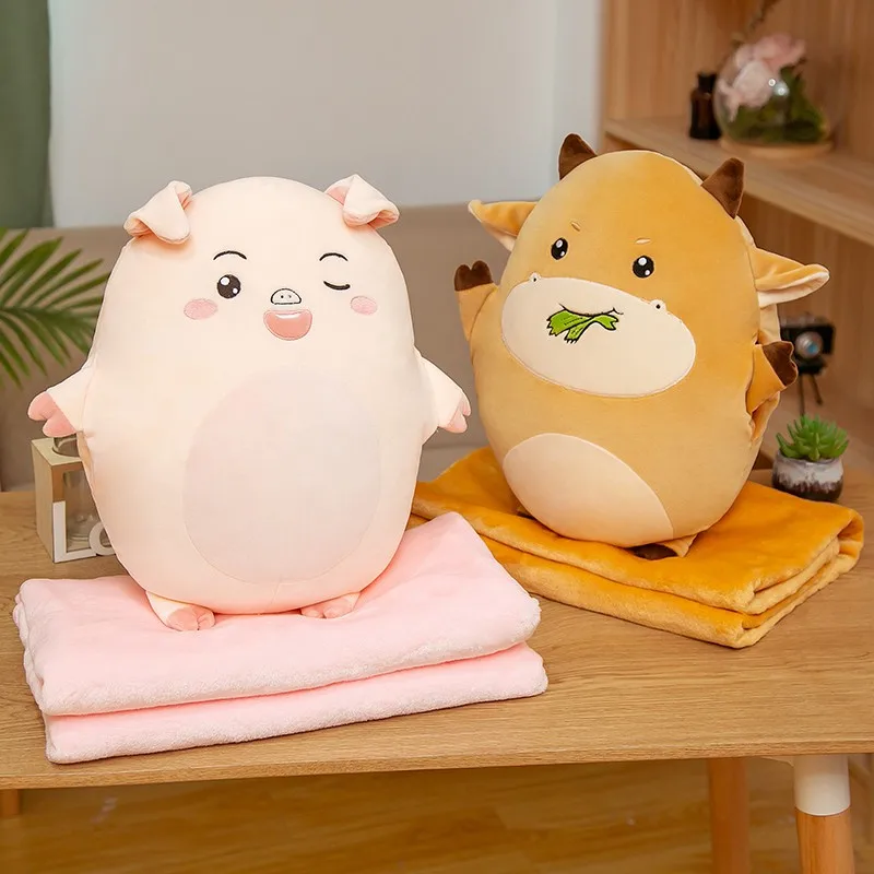 

Variety Styles Rabbit&Unicorn&Piggy&Cattle Plush Pillow With Blanket Soft Cartoon Animal Stuffed Handwarm Doll Nap Pillow Gifts