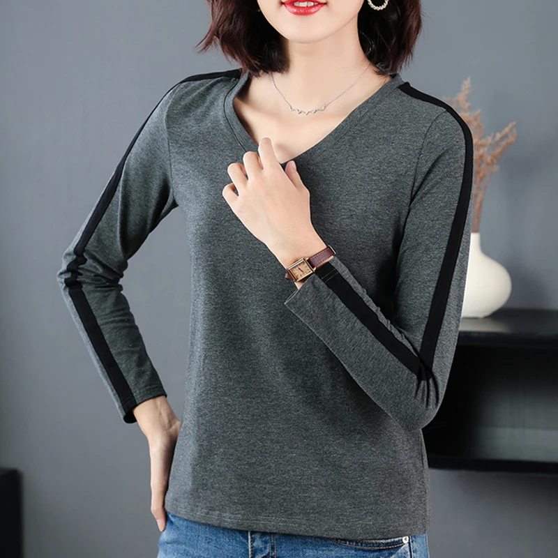 

Shintimes T Shirt Women Patchwork Striped V-Neck Long Sleeve T-Shirt Autumn 2022 Cotton Tshirt Korean Fashion Womens Clothing