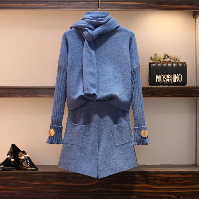 Женский трикотажный костюм с шарфом свободный свитер длинным рукавом и круглым