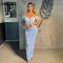 SoDigne Vestidos de Noche brillantes con lentejuelas, con plumas, hombros descubiertos, sirena, para baile de graduación, para mujer, vestidos formales de fiesta (3)