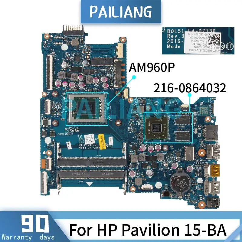 

PAILIANG материнская плата для ноутбука HP Pavilion 15-BA AM960P материнская плата LA-D713P 216-0864032 DDR4 tesed