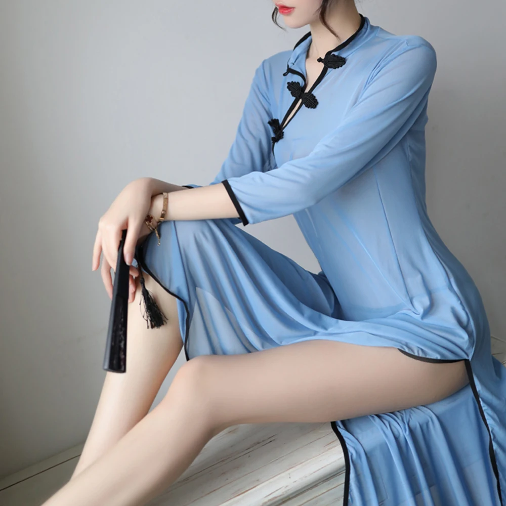 

Women Sexy Lingerie Role Play Students Uniform Erotic Underwear Set Half Sleeve Nightdress Mesh See Through Student Cheongsam