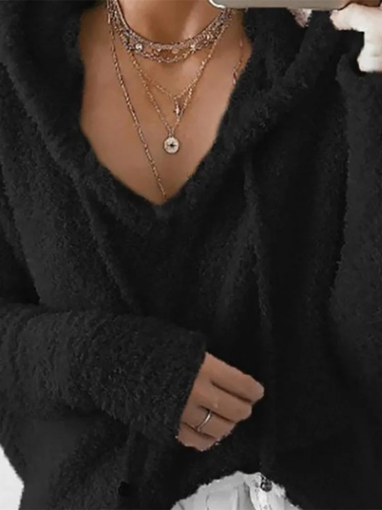 Однотонный с кулиской толстовка капюшоном для женщин Элегантный однотонный