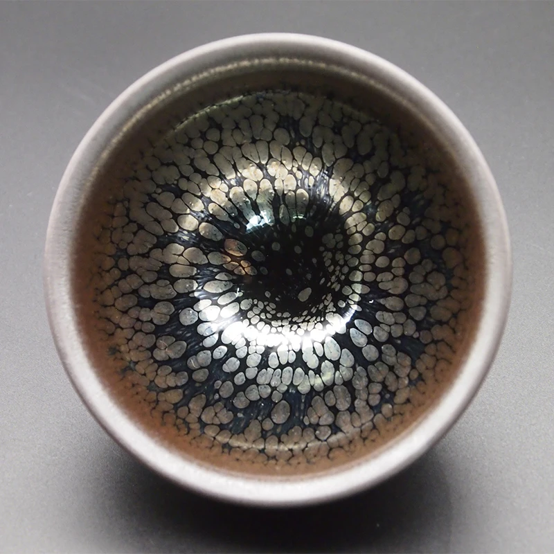 Чашка 110 мл серебристая керамическая чашка с узором в виде пятен масла чайная Temmoku