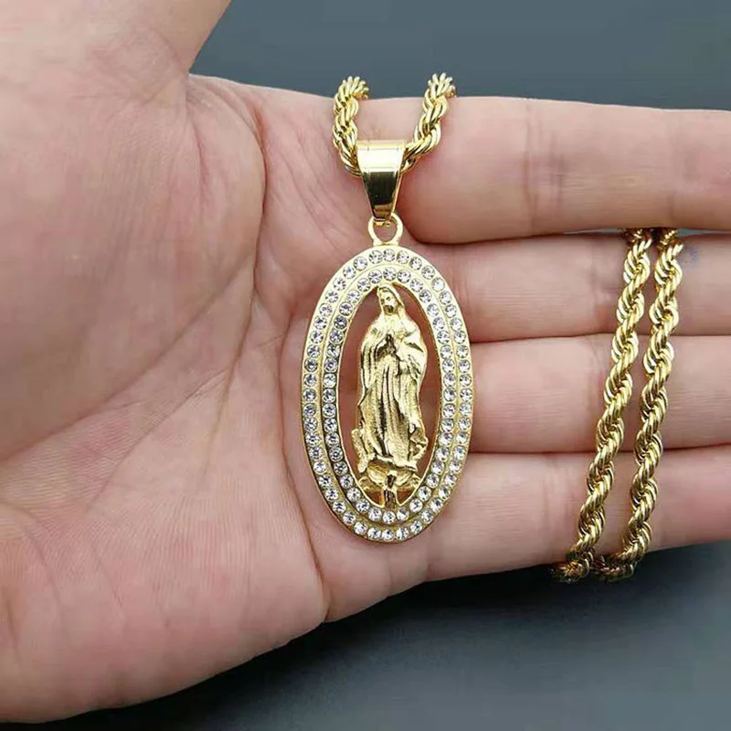 В стиле хип-хоп Bling льдом Стразы Золотой Цвет нержавеющая сталь Девы Марии