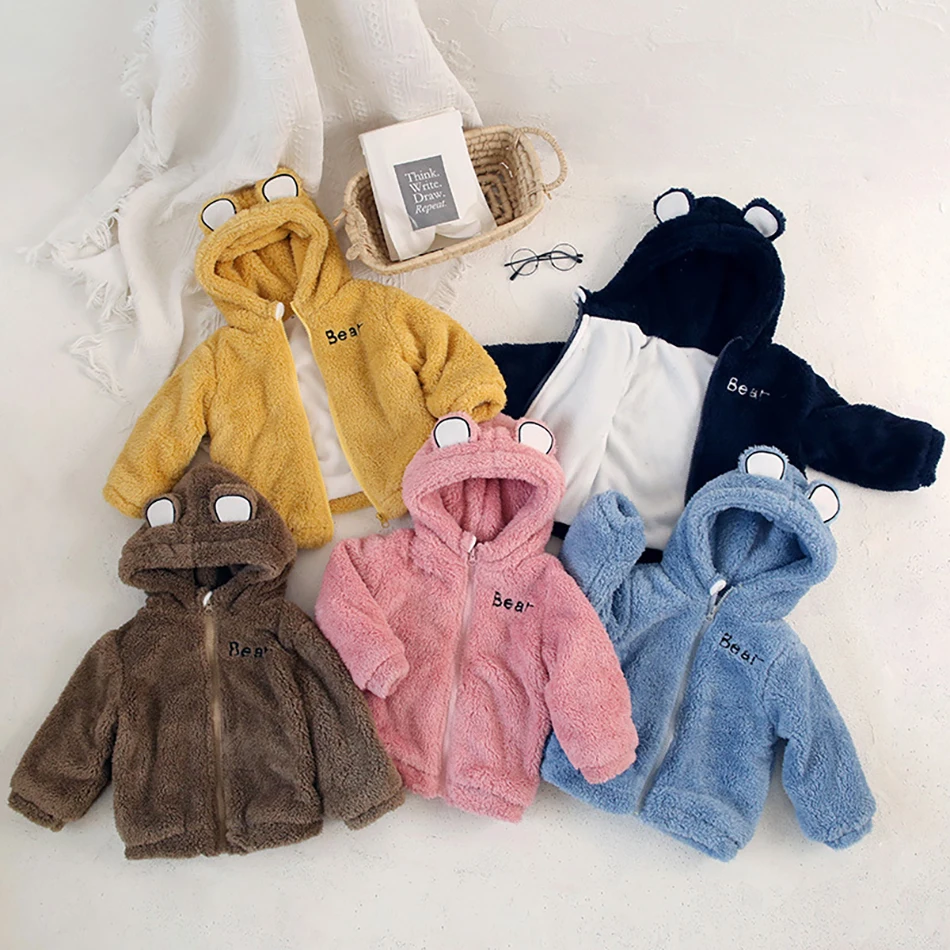 

2021 Autumn New Children Clothes Girls Cute Bear Hooded Clothes Kids Autumn Velvet Solid Cotton Hooded Coat With Ears Outerwear