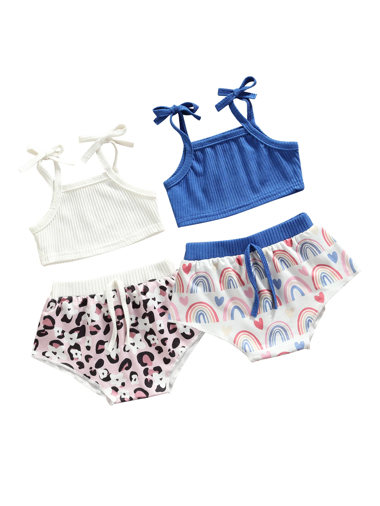 

0-24 Months Girls Sets Baby Girl Summer Two Piece Set Fresh Solid Color Suspender Tops and Printing Short Pants