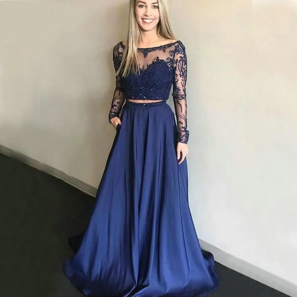 

Royal Blue Girl Two Piece A Line Evening Dresses Lace Applique Long Sleeve Evening Gowns Custom Women Party Dress