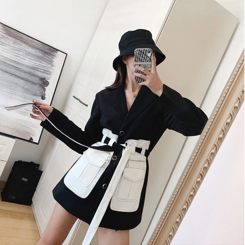 Женский блейзер с карманами [EWQ] черный отложным воротником и длинными рукавами в