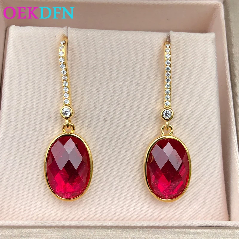 

OEKDFN 100% 925 Sterling Silver Drop Earrings For Women Created Ruby Gemstone Engagement Weddding Fine Jewelry Anniversary Gift