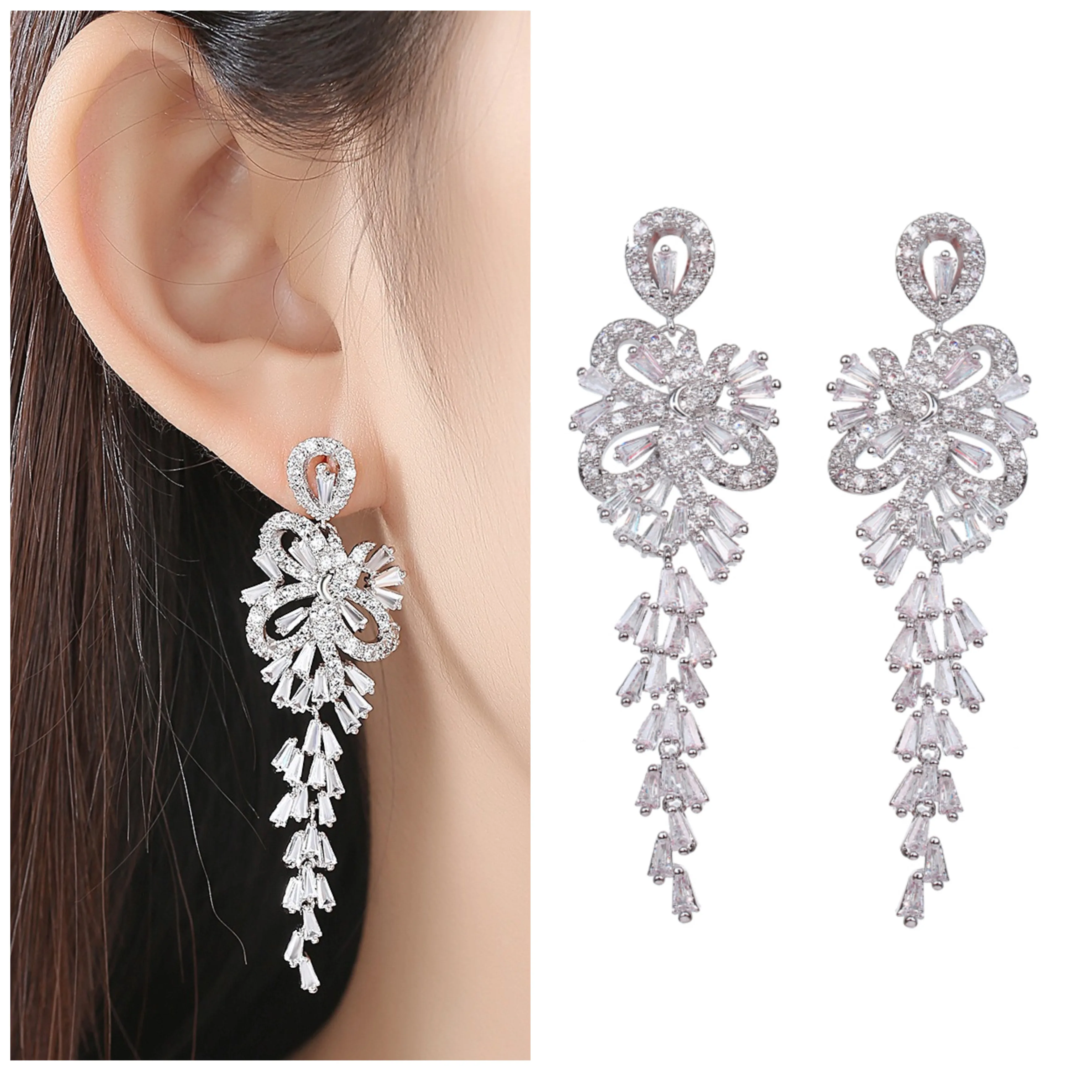 

AMC Luxury Symmetrical Flower Shape Long Drop Earrings AAA Cubic Zircon Long Dangle Earring Bridal Party Jewelry Gifts For Women