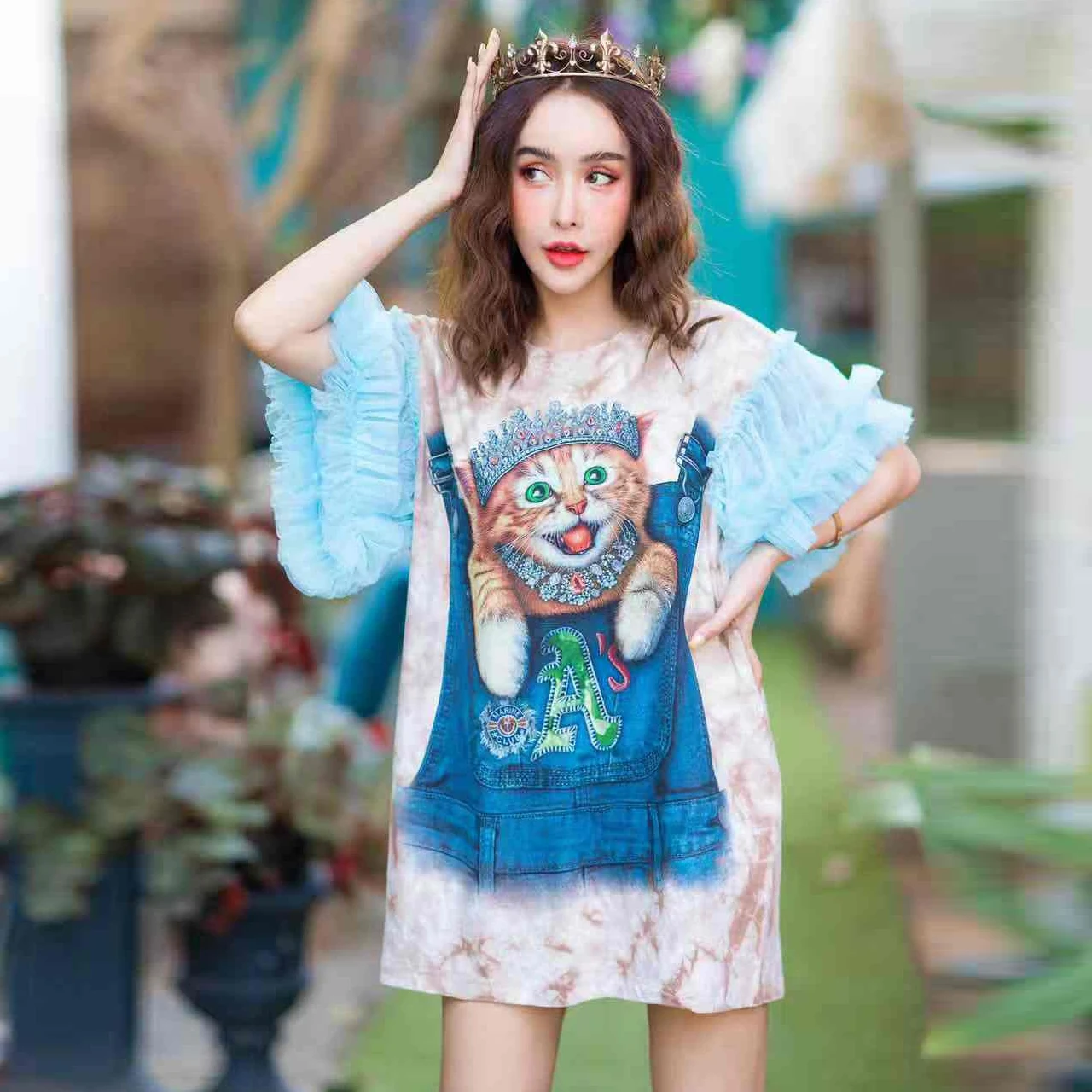 

Original Thai tide brand spring and summer 2020 new cat printing tie-dyed gauze puffy sleeves mid-length wide dress