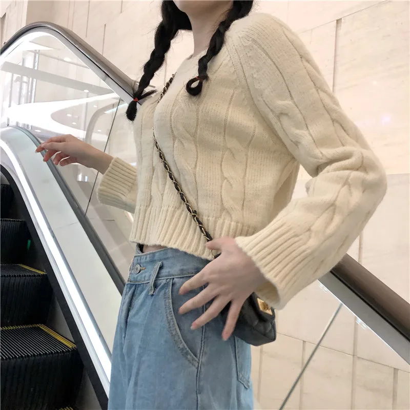 Autumn Winter New Women's Short Pullovers Sweater Twist Knitting Full Sleeve Solid Fashion Vintage Casual Tops T98506D