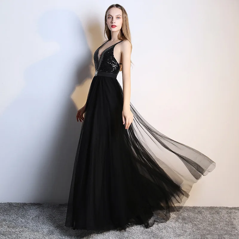 Sexy Black Deep V-neck Perspective Decoration Body Open Nightclub Show Evening Dresses Host Detailed Banquet Dress Long | Свадьбы и