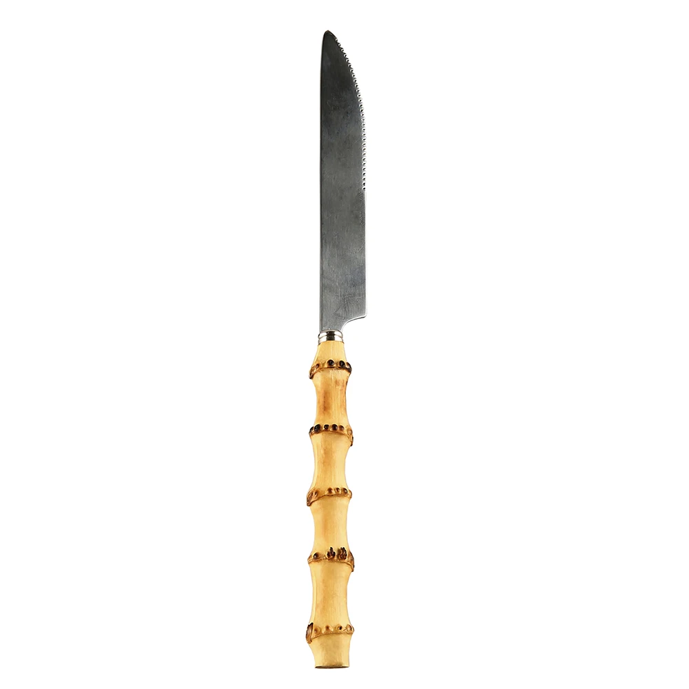 

Restaurant household kitchen tableware dinnerware cutlery flatware stainless steel bamboo root wooden handle dinner steak knife