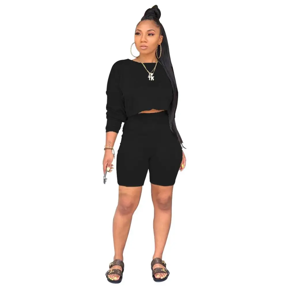 

Casual Women Sport Suit O-neck Two Piece Set With Pocket Long Sleeve Crop Top +Pants Short Set Summer Clothes For Women Solid