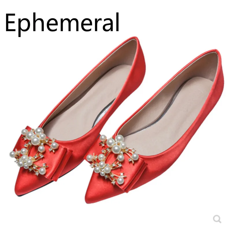 

Ladies White Crystal Flats For Wedding Party Silk Stain Shoes Pointy Toe Nice Looking Fashion Silver Champagne Wide Fits 48 33 7