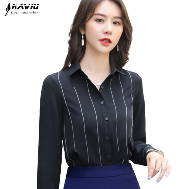 Женская шифоновая блузка в полоску свободная офисная с длинным рукавом деловой