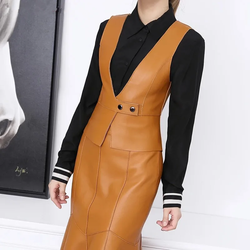 New 2021 Winter Women Genuine Leather Jacket Waistcoat Femme Elegant Deep V-neck Draw Back Short Slim Suit Gilet