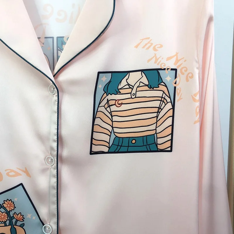 

Women Satin Sleep Set Print Flower Pajamas Suit Sexy Long Sleeve Nightwear Pyjamas Spring Autumn Home Wear Intimate Lingerie1