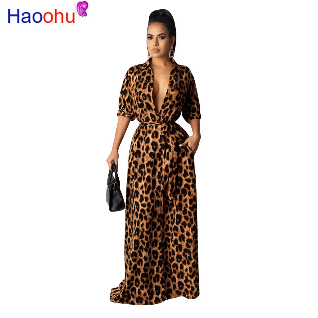 

Sexy Long Leopard Dress Women Deep V Neck Half Sleeve High Waist Slim Club Dresses Plus Size Ladies Causal Elegant Autumn Dress