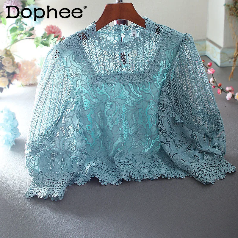 

Винтажная летняя ажурная кружевная вязаная рубашка с рукавами-фонариками, Женская свежая корейская мода, Элегантная блузка с высокой талие...