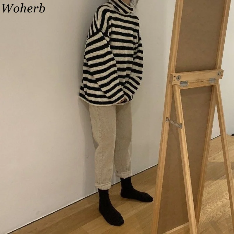 Осенний свитер Woherb с высоким воротником винтажный женский джемпер в стиле