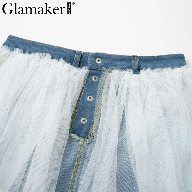 Glamaker, сетчатая прозрачная Джинсовая юбка в стиле пэчворк, сексуальная летняя белая юбка на пуговицах с высокой талией, женская уличная джинсовая юбка на пуговицах