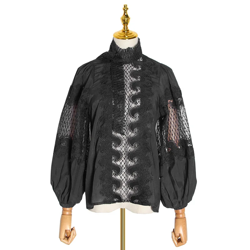 

New fashion heavy industry hollow embroidery vertical collar bubble sleeve irregular pattern shirt women