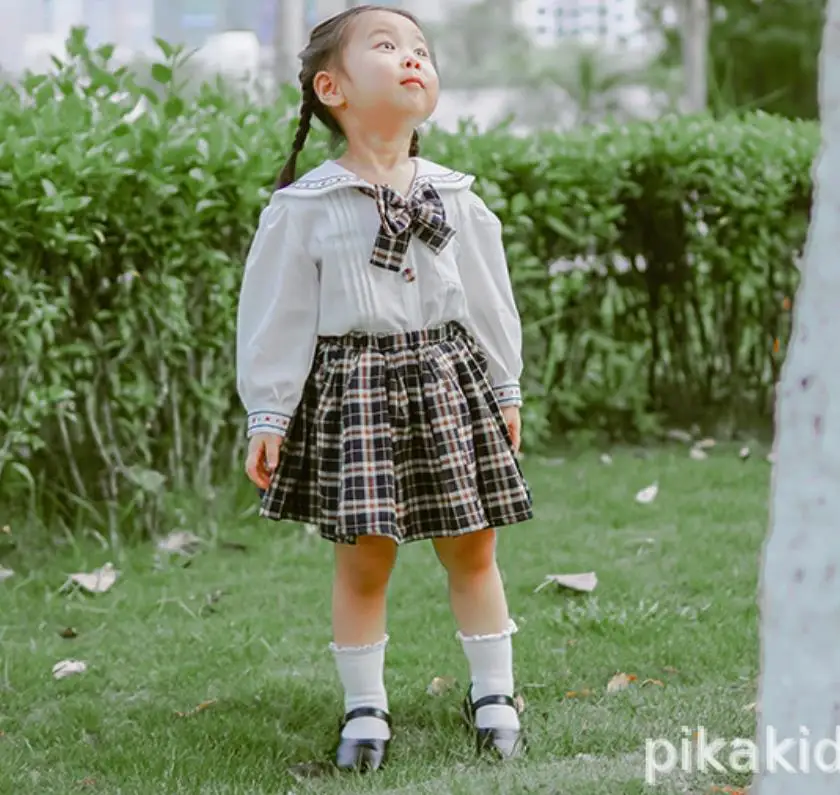 

Baby Girl Baby girl Sweet White bow England Janpanese style Long Sleeve Shirt +pleated plaid skirt two piece sets