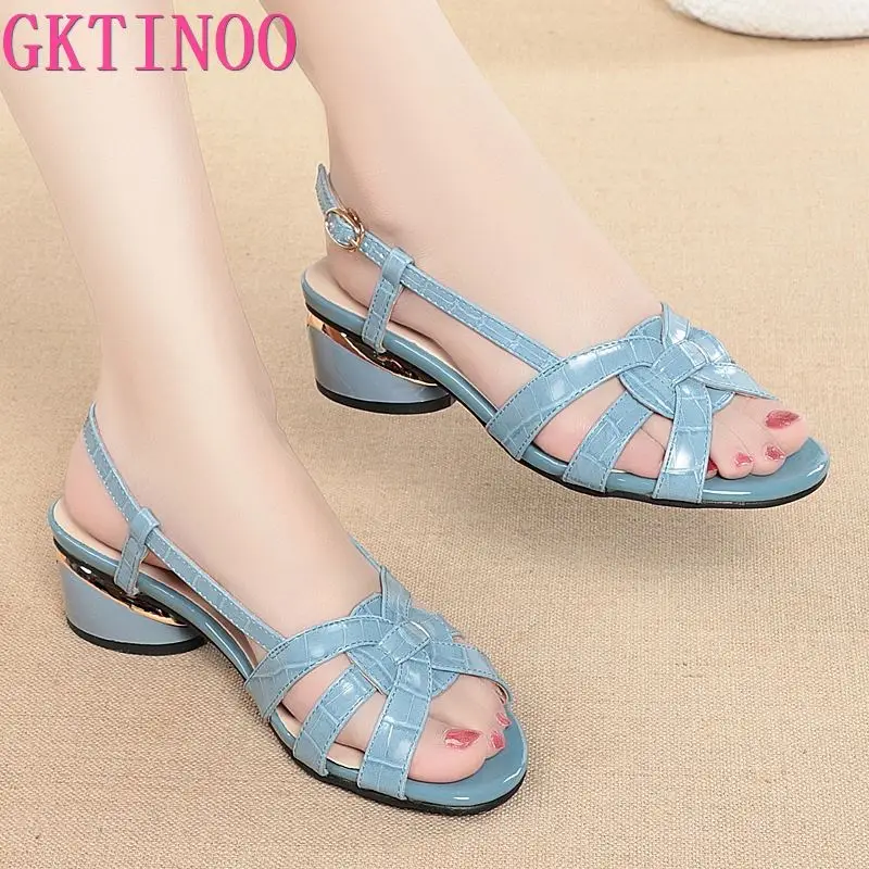 

GKTINOO Sandals Women Summer New 2022 Roman Women Sandals Real Leather Hollow Fish Mouth Mid Heel Fashion Women Shoes