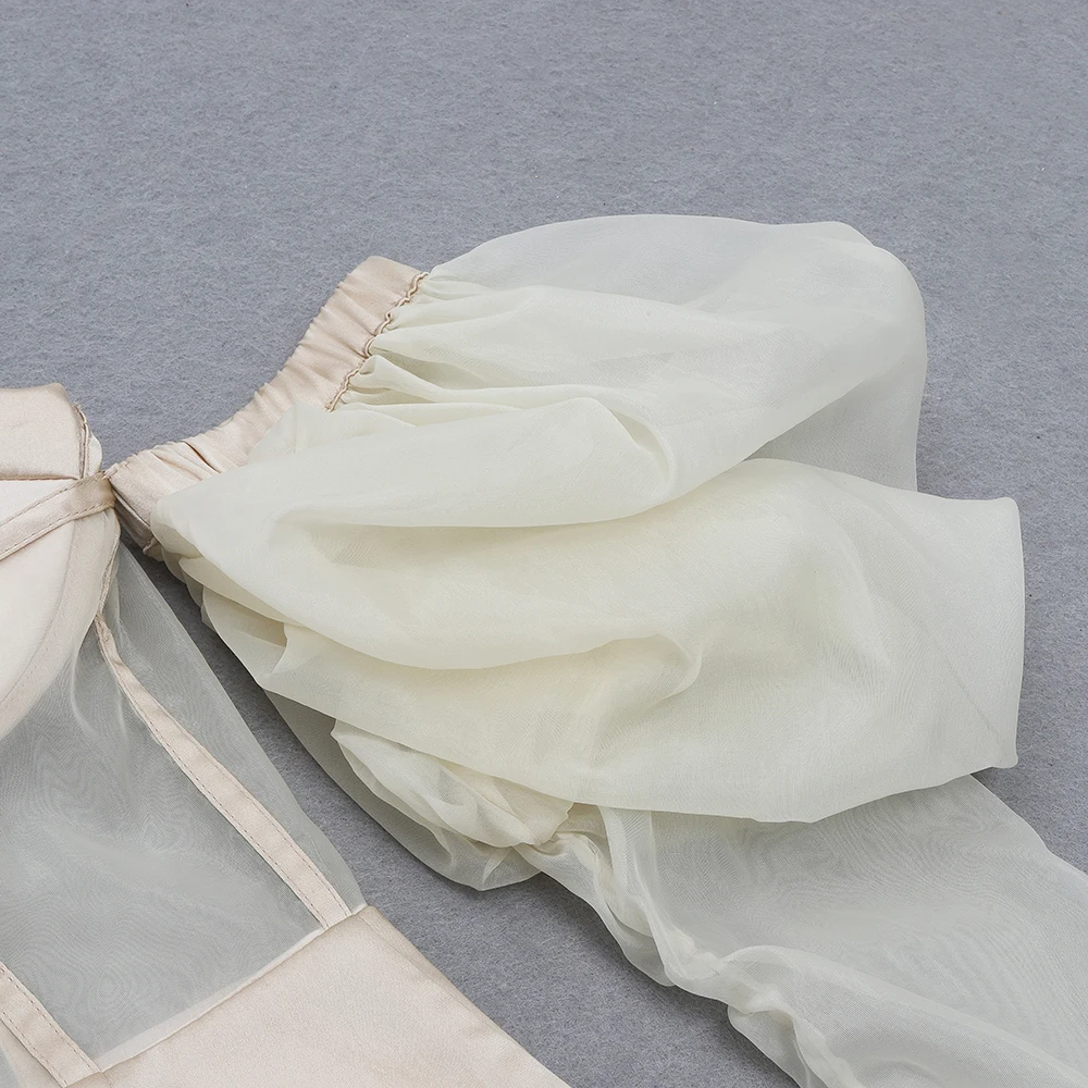 

PB Stylish Beige Mini Dress Sexy Off Shoulder Long Sleeves Voile Patchwork Celebrity Party Club Vestido Free Shipping