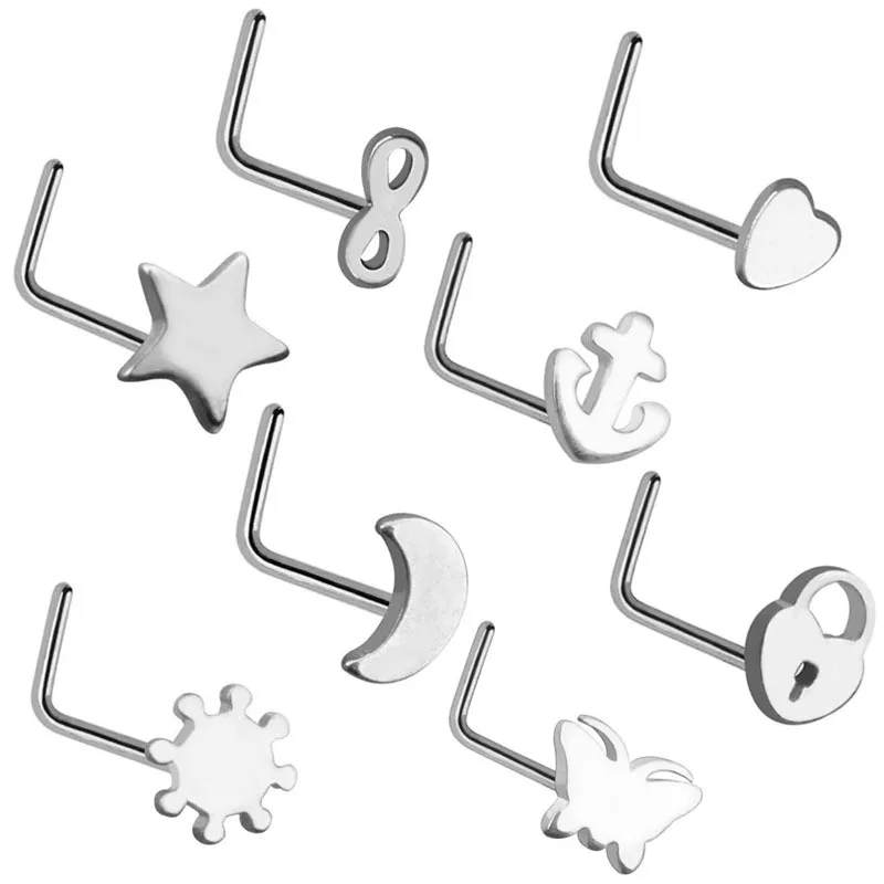 

8pcs Nose Ring & Studs Set Stainless Steel Nostril Screws Nose Piercing L Shape Heart Nariz Stud for Women Man Body Jewelry 20G