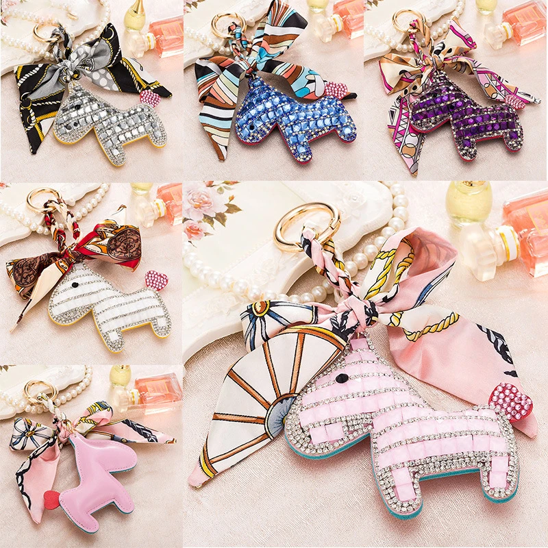 

Key Chain Full Diamond Pony Design Keyring Silk Scarf Keychain Girl Bag Decoration Pendant Car Exquisite Key Ring