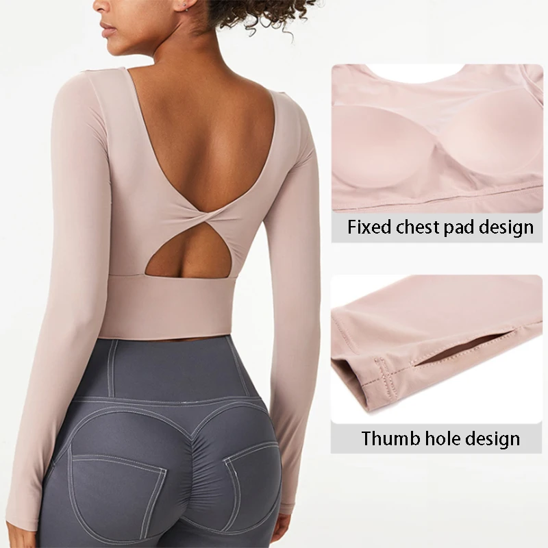 Женский спортивный топ для йоги Сексуальная рубашка с длинным рукавом и вырезом