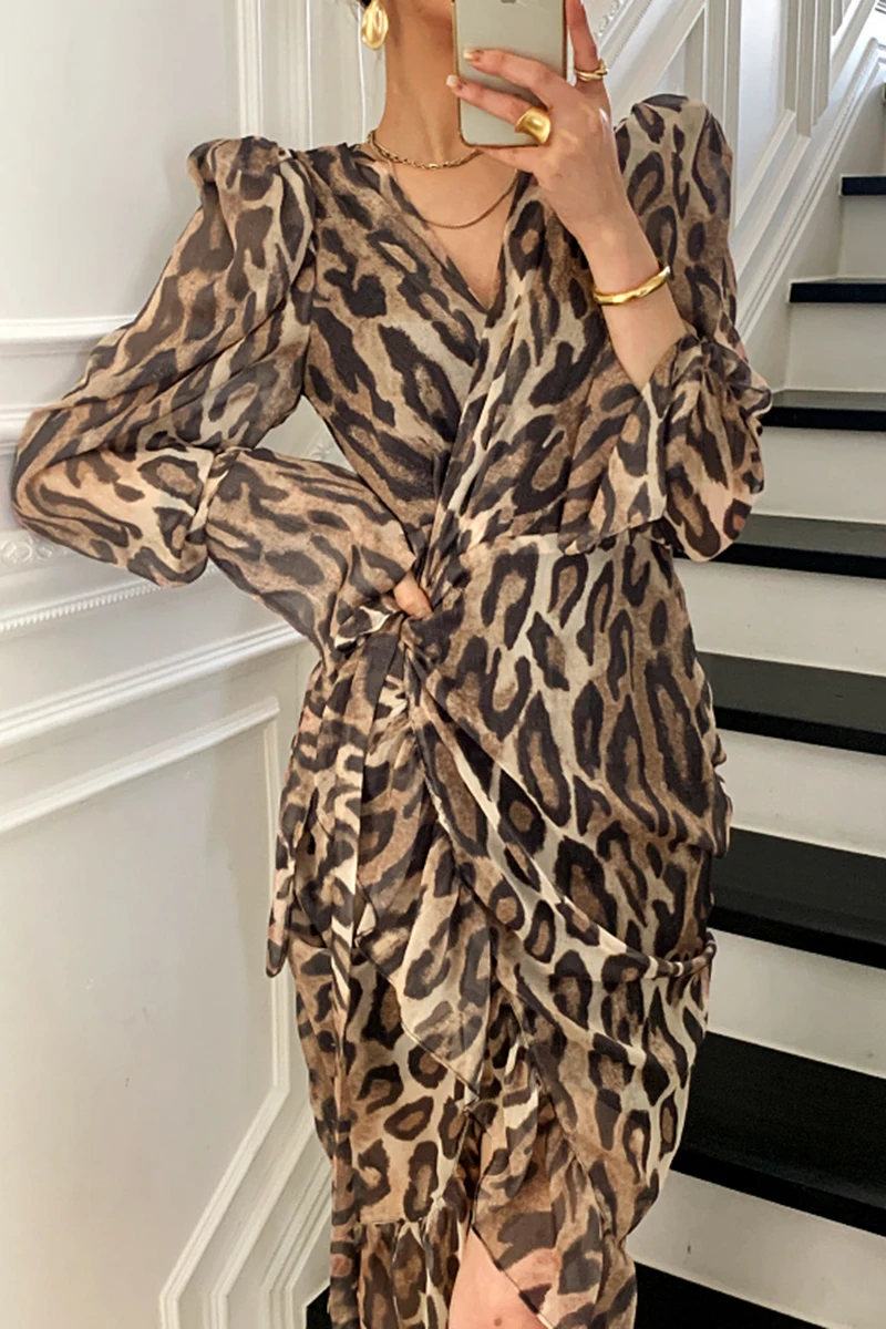 

ZCSMLL Korean sexy vintage leopard print vestido V-neck tie ruffle stitching long sleeve fashion women dress 2021 summer spring