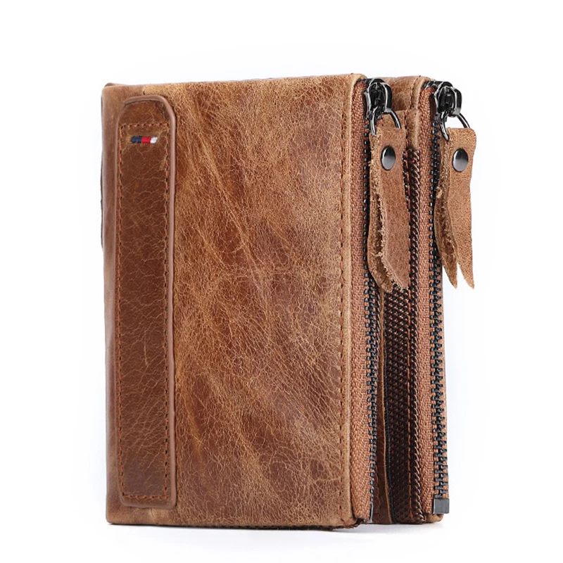 Мужской кошелек из натуральной кожи в стиле ретро двойной на молнии короткий