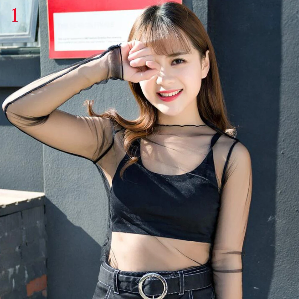 

Fashion Women Sexy sheer Fishnet See Through Transparent Top Lace Top Blouse Mesh Shirt Women tops mesh Blouses Black Shirt