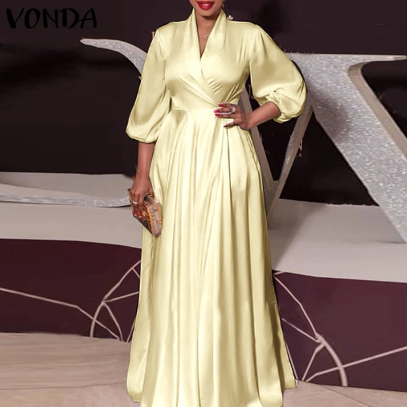 

Women Autumn Long Maxi Party Dress 2021 VONDA Sexy V Neck Long Sleeve Solid Dresses Bohemian Vestidos Femme Satin Slik Sundress