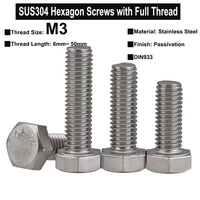 20pcs10pcs m3 sus304 stainless steel hexagon head screws with super long full thread din933 thread length 6mm50mm
