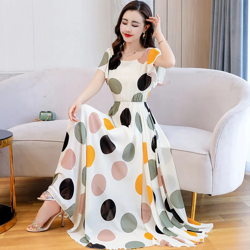 

Chiffon dress 2021 new summer fashion dress long waist swing wave retro Changsha beach dress seaside