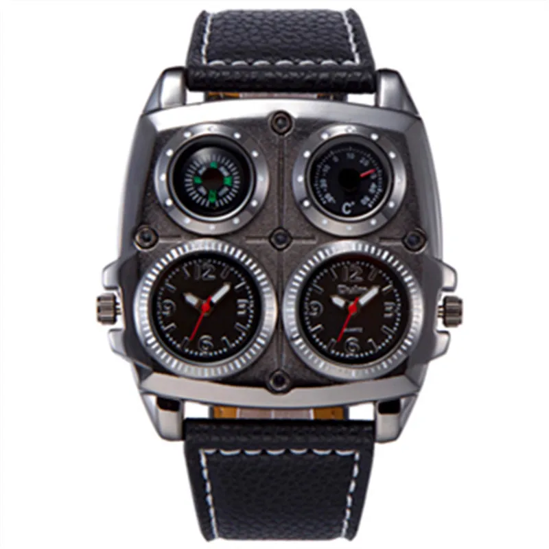 

OULM 1140 Men Dual Time Zone Military Watch Decorative Compass Thermometer Big Dial Leather Casual Quartz Male Watch