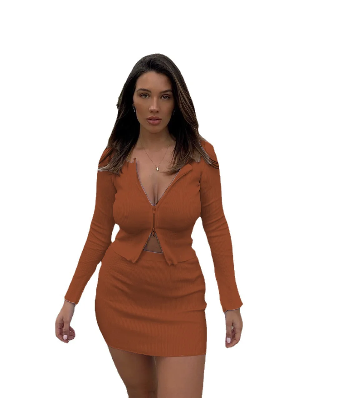 

Sexy Ladies Long Sleeve Top Short Skirt 2 Pieces Pure Color Knit Cardigan 2021 Spring Autumn New Women's Zipper Suit Short Sets