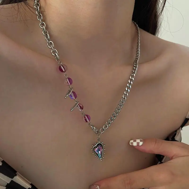 

LOVOACC Trendy Bling Bling Rhinestone Love Heart Pendant Necklace for Women Ladies Purple Ball Patchwork Necklace Jewelry