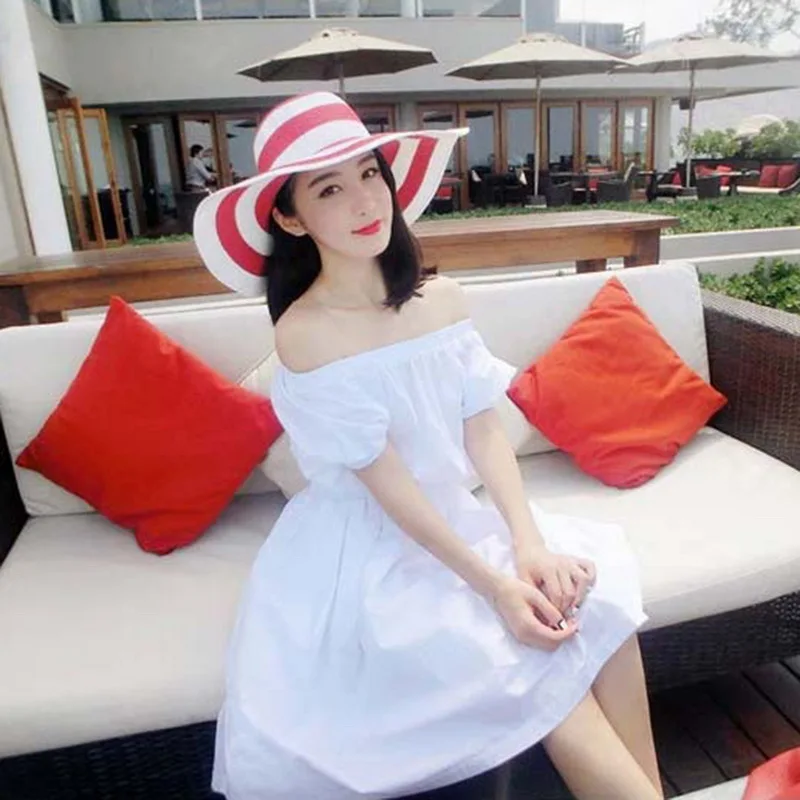 Striped Straw Hat Women's Beachwear Sun Big Brim Fashion Black White Women Beach 2018 New | Аксессуары для одежды