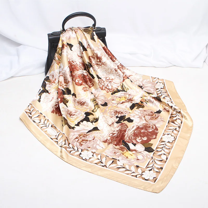 

2020 90x90 Floral Flower Multipurpose women Silk twill scarf Satin square tie Hairband ladies foulard femme towel bufanda shawl