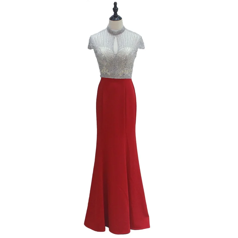 

High Neck Beaded Mermaid Evening Gowns for Women Short Sleeves Red Floor To Length Fashion Party Dresses Women Evening Elegant