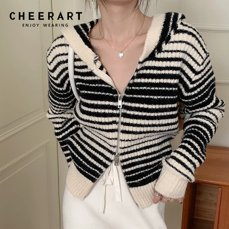 

CHEERART полосатый кардиган с капюшоном, Женский вязаный свитер на молнии, Модная трикотажная одежда в Корейском стиле, дизайнерский свитер, ка...