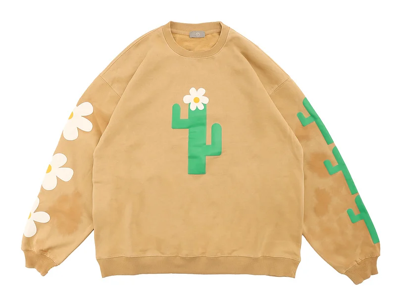 

2021 High Quality Tie-dye Cactus Print Pullove Men Women Couple Fleece Sweatshirt Oversized Hip-hop High Street Crewneck