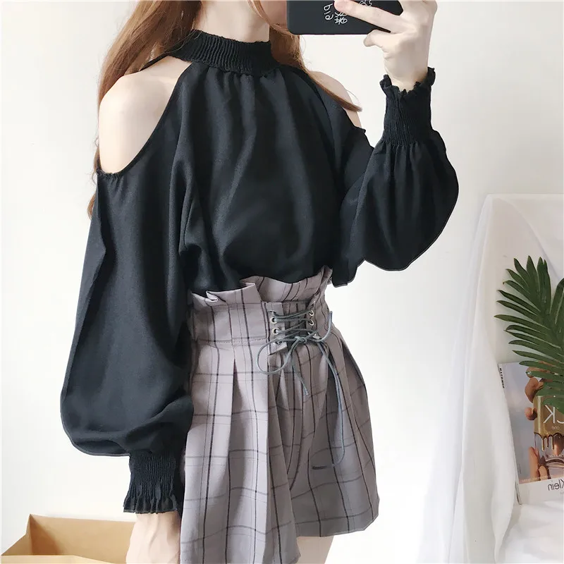 Blusas mujer de moda mori/весенне-летняя однотонная блузка в японском стиле со стоячим воротником без бретелек с длинными рукавами белого и черного цвета